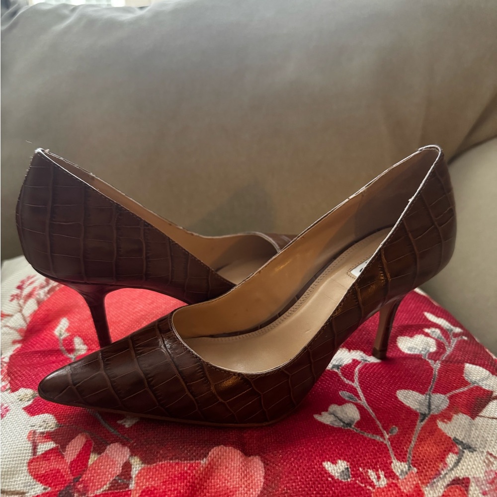Dune London Brown Croc-Embossed Pointed-Toe Stiletto Pumps